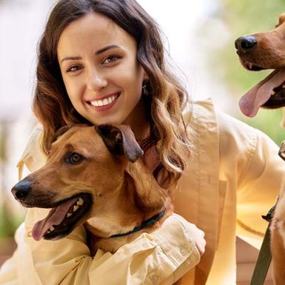 Charming young smiling girl is resting in the park with two golden dogs on a sunny day. The girl hugs her pets. Love and affection between owner and pet. Adopting a pet from a shelter. Close-up. (Demo)